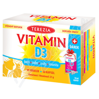 Terezia Vitamín D3 1000 IU+Dárek Vitamin D3 400 IU—90 tobolek + kapky 10 ml