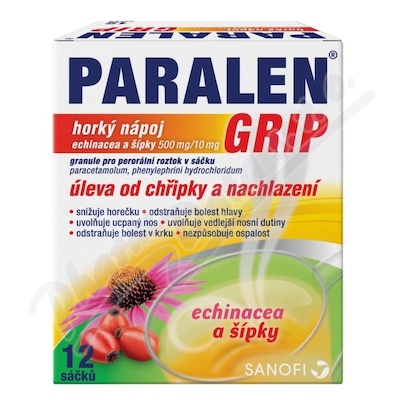 Paralen Grip Horký nápoj Echinacea a Šípky—500mg/10mg, 12 sáčků