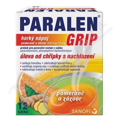 Paralen Grip Horký nápoj Pomeranč a Zázvor—500mg/10mg, 12 sáčků