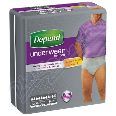 Absorpční kalhotky pro muže Depend Maximum—natahovací, boky 95-150cm, savost 1900ml, 9ks