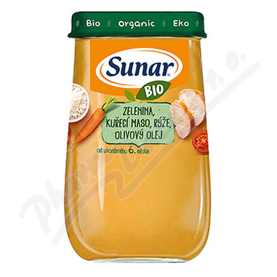Sunar BIO příkrm Zelenina, kuř.maso, rýže—190g