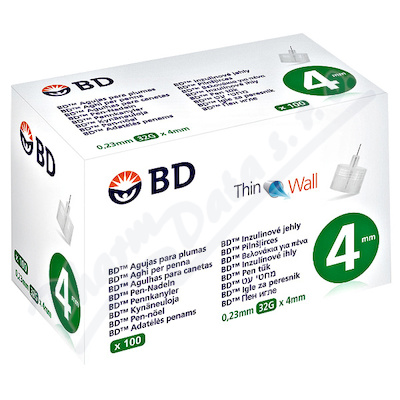 BD Inzulínové jehly k jednorázovému použití—4mm, x32G, tenkostěnné, 100ks