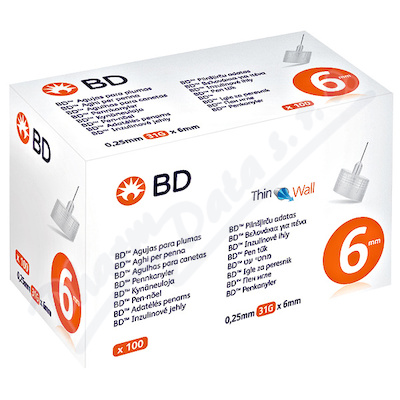BD Inzulínové jehly k jednorázovému použití—6mm, x31G, tenkostěnné, 100ks