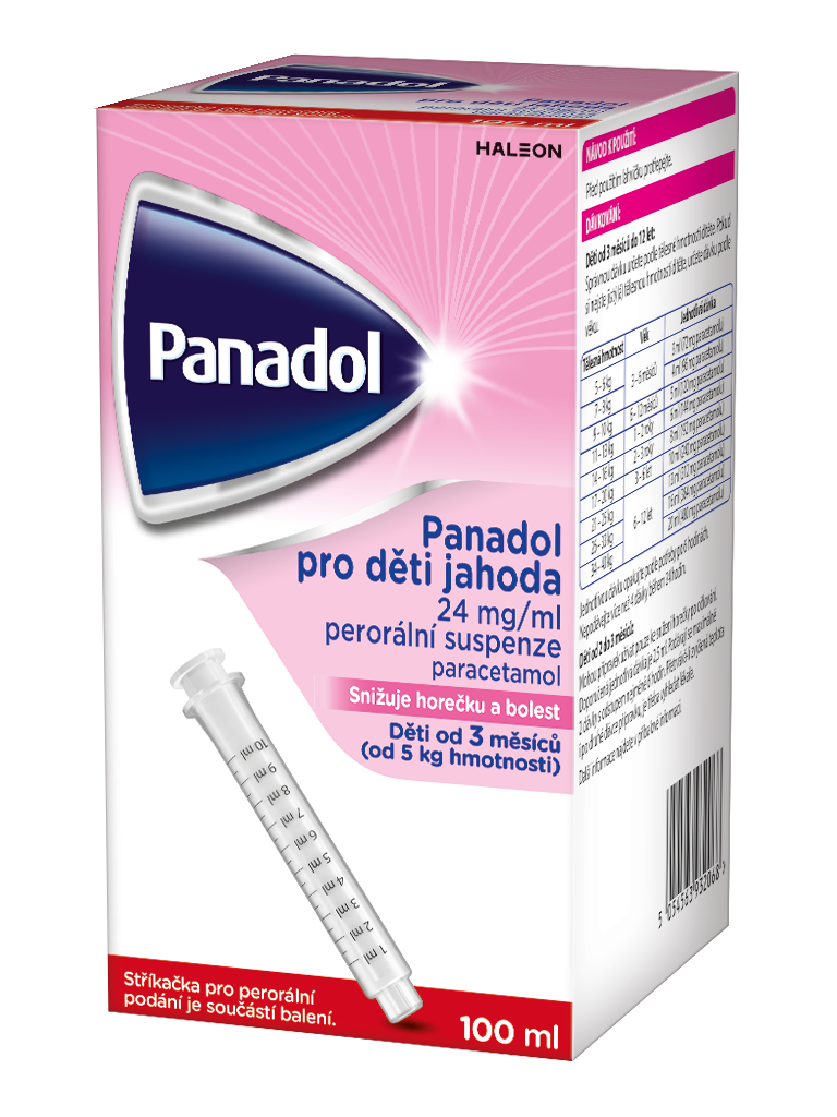 Panadol pro děti Jahoda—24mg/ml, suspenze 100ml + stříkačka