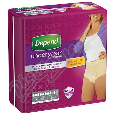 Absorpční kalhotky pro ženy DEPEND Maximum XL—navlékací, boky 120-150cm, savost 1900ml, 9ks