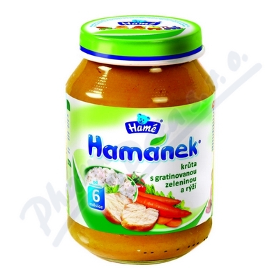 Hamánek krůta s gratinovanou zeleninou, rýže—190 g