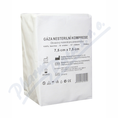 Gáza hydrofilní kompresy nesterilní—7,5cmx7,5cm, 8 vrstev, 17 nití, 100 ks