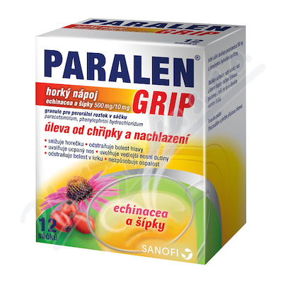 Paralen Grip Horký nápoj Echinacea a Šípky—500mg/10mg, 12 sáčků