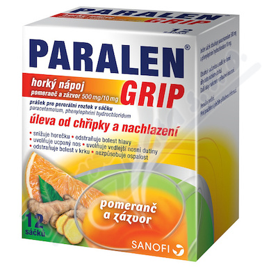 Paralen Grip Horký nápoj Pomeranč a Zázvor 500mg/10mg, 12 sáčků