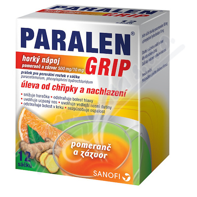 Paralen Grip Horký nápoj Pomeranč a Zázvor—500mg/10mg, 12 sáčků