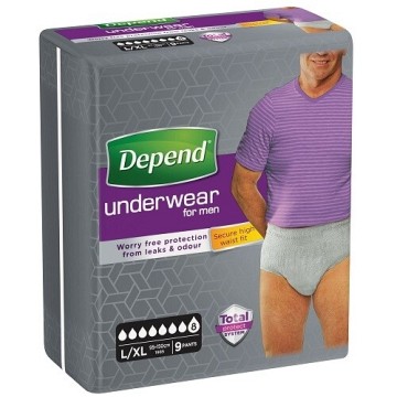 Kalhotky natahovací DEPEND Super L/XL—s vyšším pasem, boky 95-150cm, savost 1360ml, 9ks