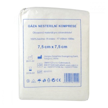 Gáza hydrofilní kompresy nesterilní—7,5cmx7,5cm, 8 vrstev, 17 nití, 100 ks